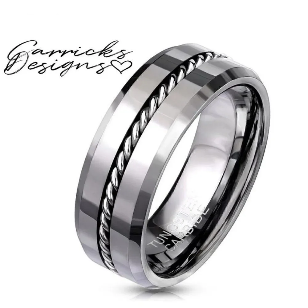 Men's Silver Tungsten Wedding Ring Twisted Wire Cable Inlay  Wedding Band